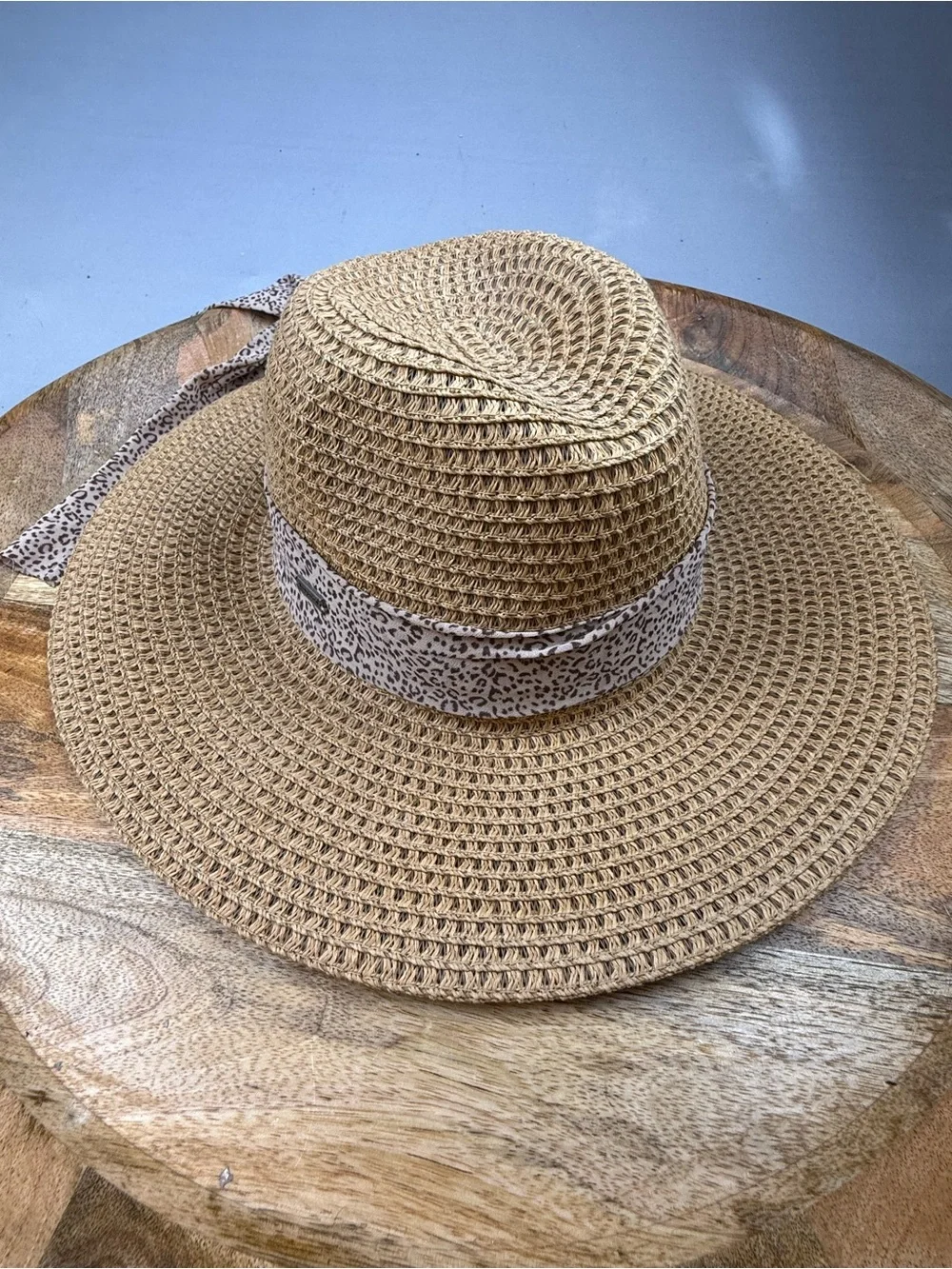Hatpoint Wide Brim Straw Sun Hat Leopard Tie Boho Beach Resort Chic